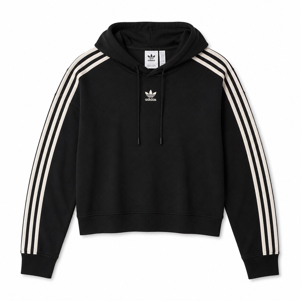 Adidas Womens Hoodie 3 Stripes Sweatshirt Size L Black Cropped Athleisure